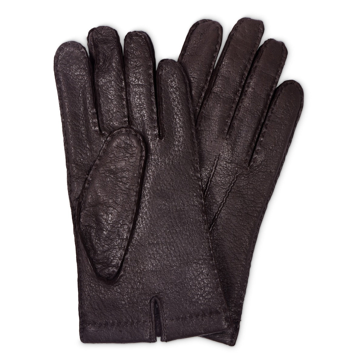 A pair of Sovereign Grade Dark Brown Peccary Leather Gloves, Cashmere Lined by KirbyAllison.com on a white background.