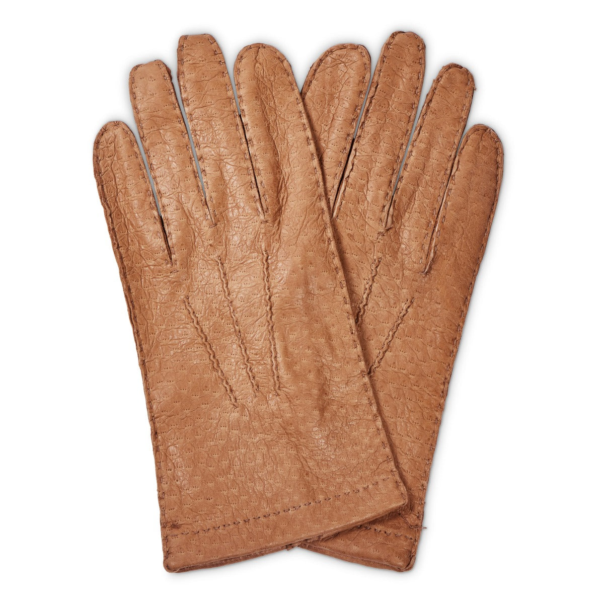 A pair of Sovereign Grade Light Brown Peccary Leather Gloves, Unlined by KirbyAllison.com on a white background.