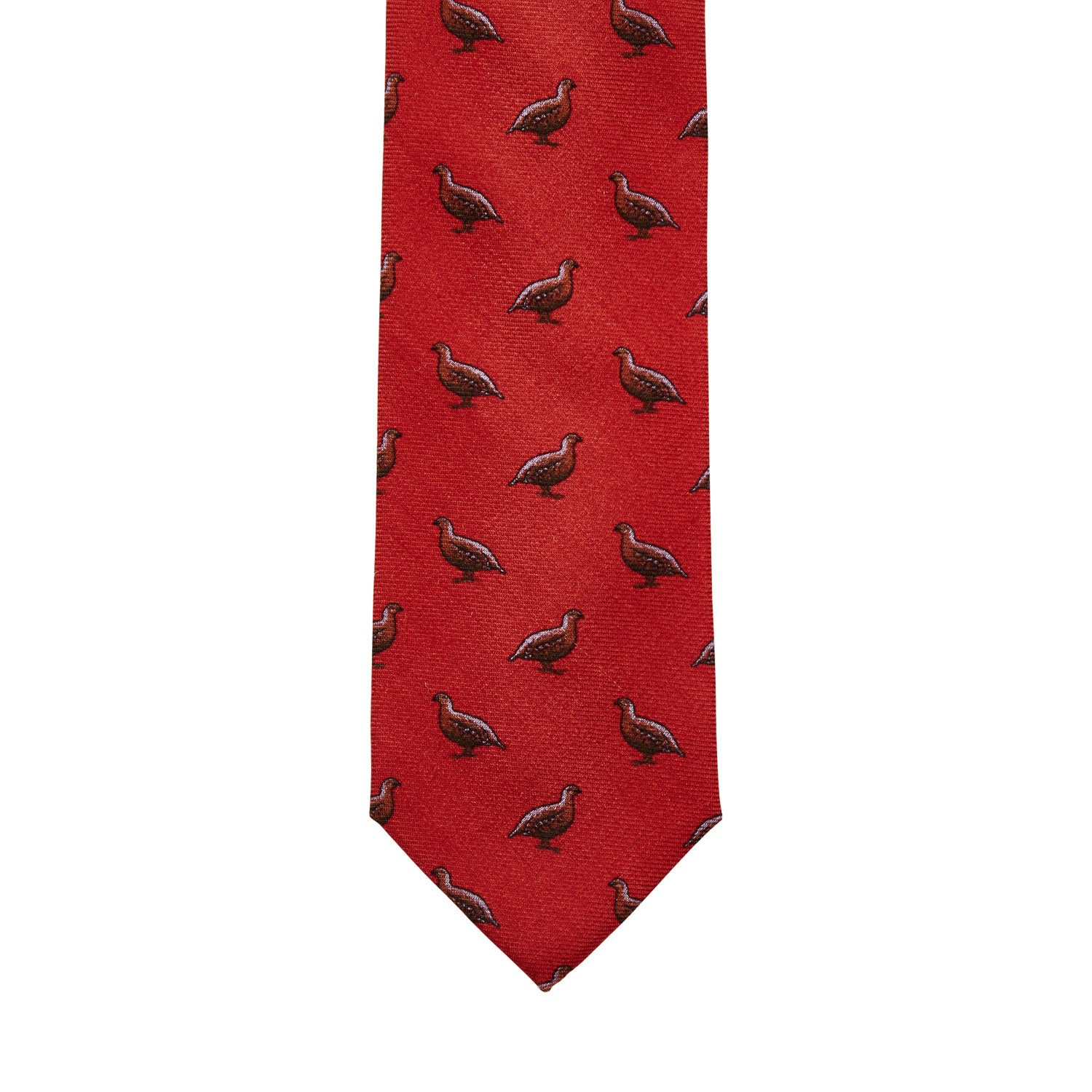 A handmade Sovereign Grade 100% Wool Regency Quail Shooting Tie with birds on it, made of 100% English silk, from KirbyAllison.com.