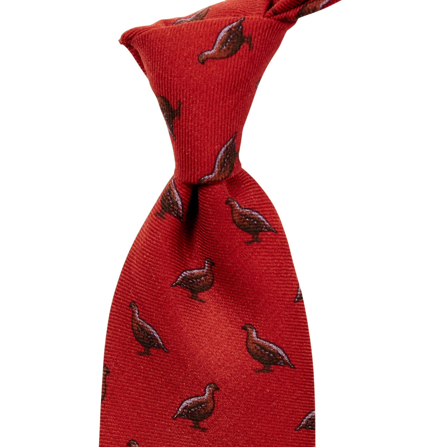 A Sovereign Grade 100% Wool Regency Quail Shooting Tie with pheasants on it, handmade in the United Kingdom by KirbyAllison.com.