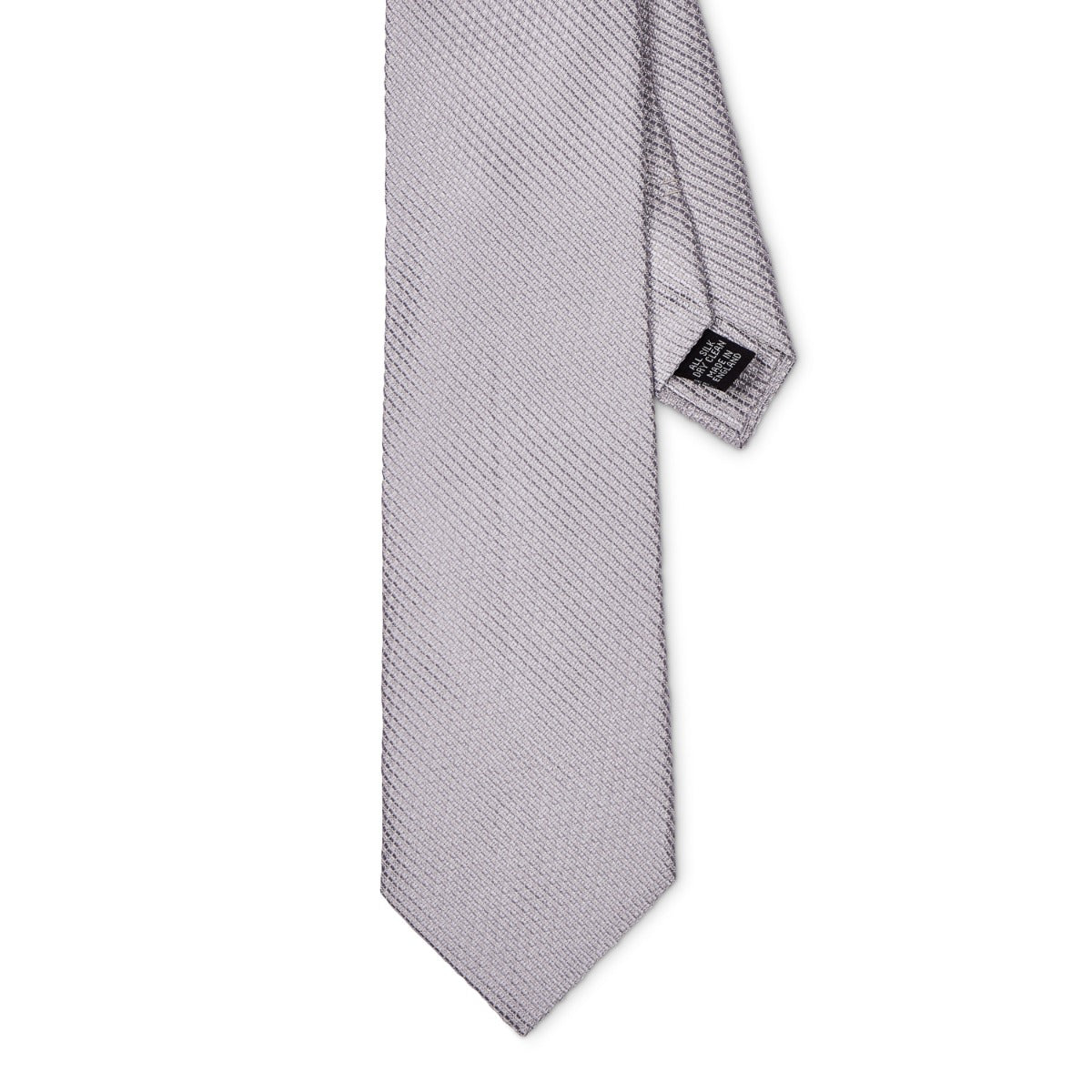 A Sovereign Grade Silver Jacquard Mock Grenadine tie by KirbyAllison.com on a white background.