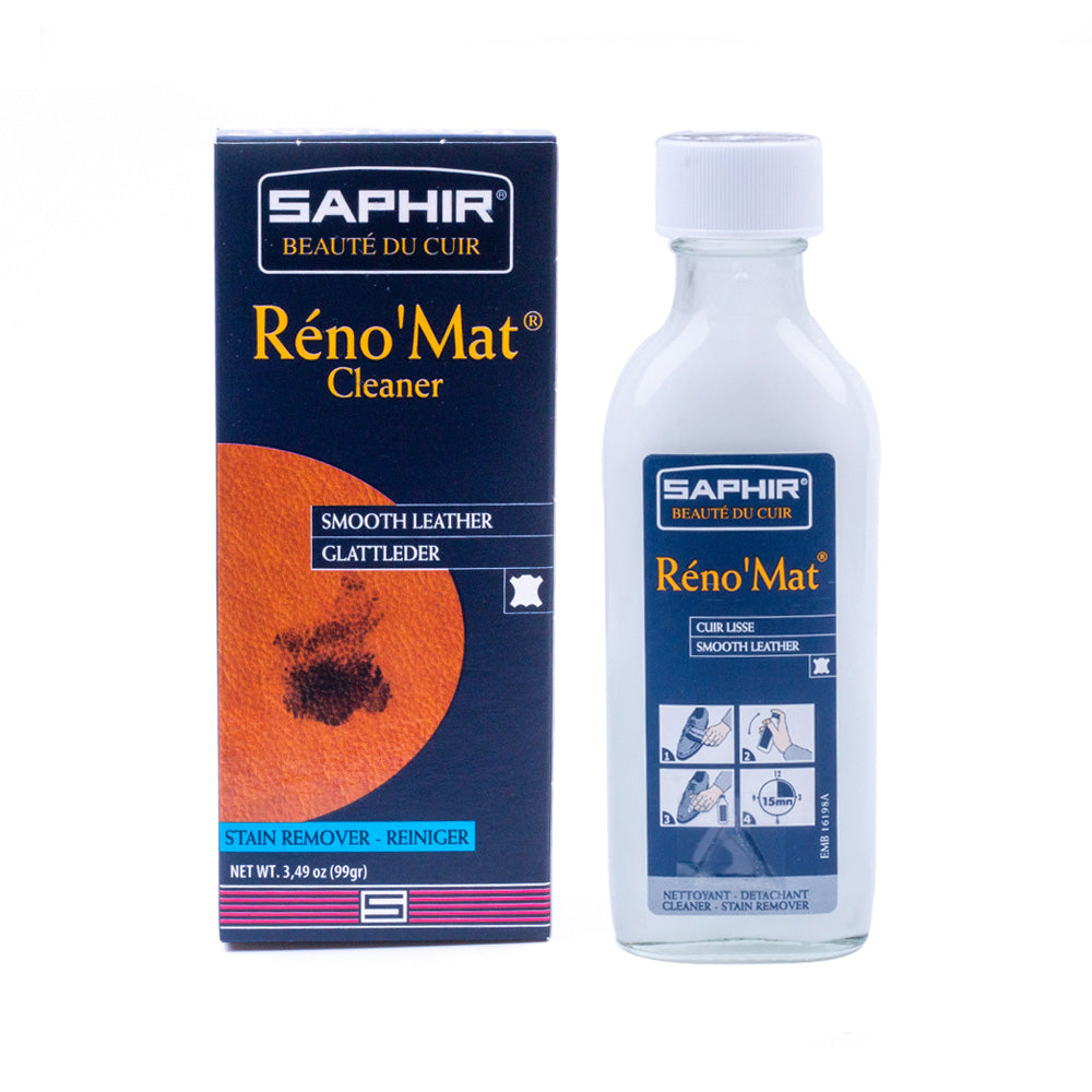 A box of Saphir Reno'Mat Leather Cleaner, a leather cleaning solution from KirbyAllison.com.