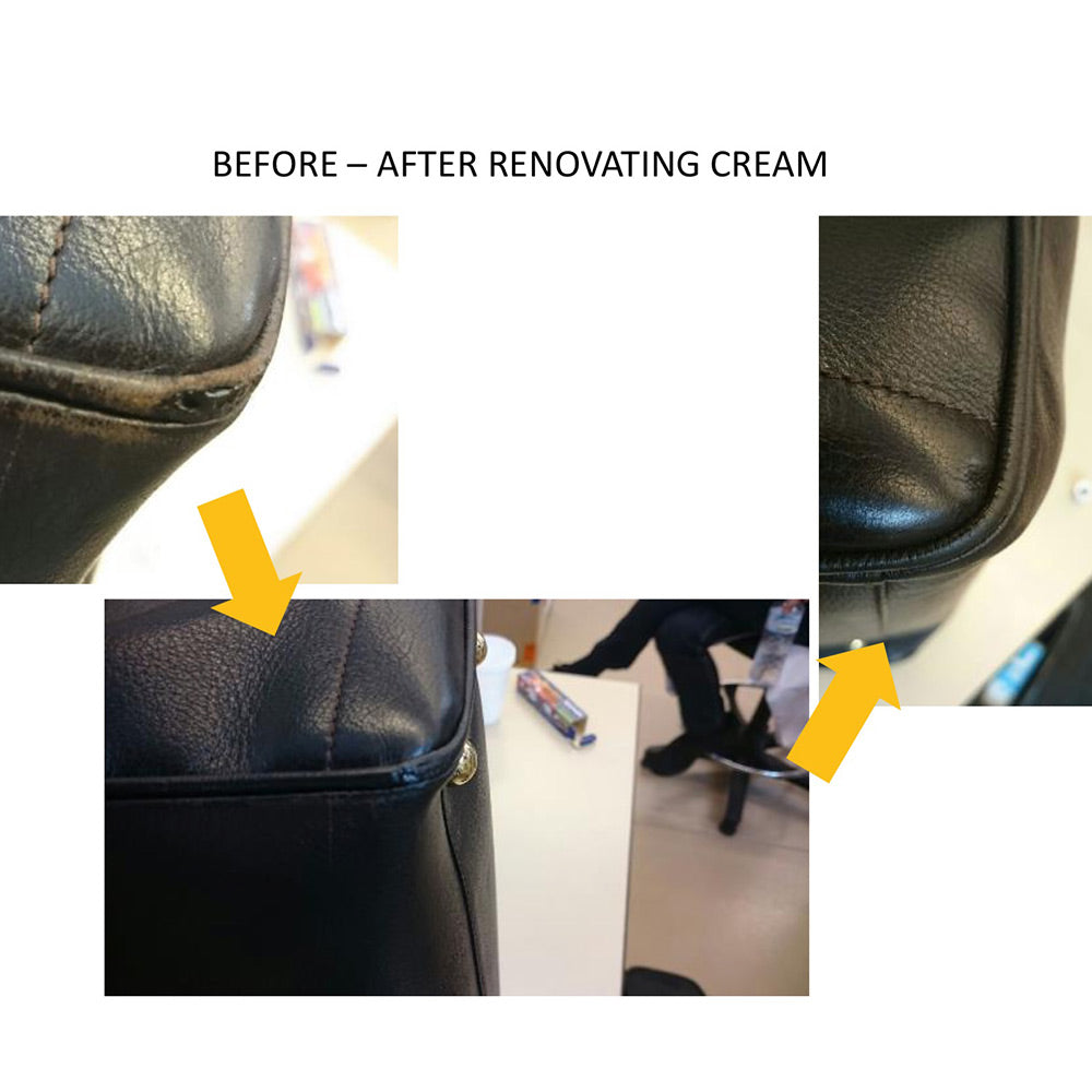 Before and after photos of a leather bag restored with Saphir Edge Dressing & Renovating Recolorant Repair Cream from KirbyAllison.com.