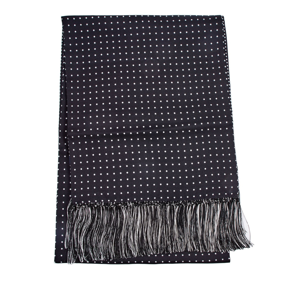 A Sovereign Grade Black London Dot 36oz Reversible Printed Silk Scarf with fringes, perfect for winter, from KirbyAllison.com.