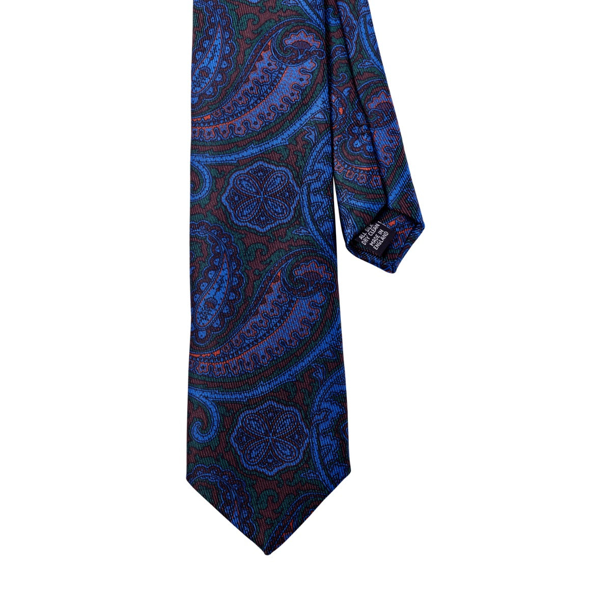 A high-quality Sovereign Grade Navy and Brown Paisley Ancient Madder Silk Tie by KirbyAllison.com on a white background.