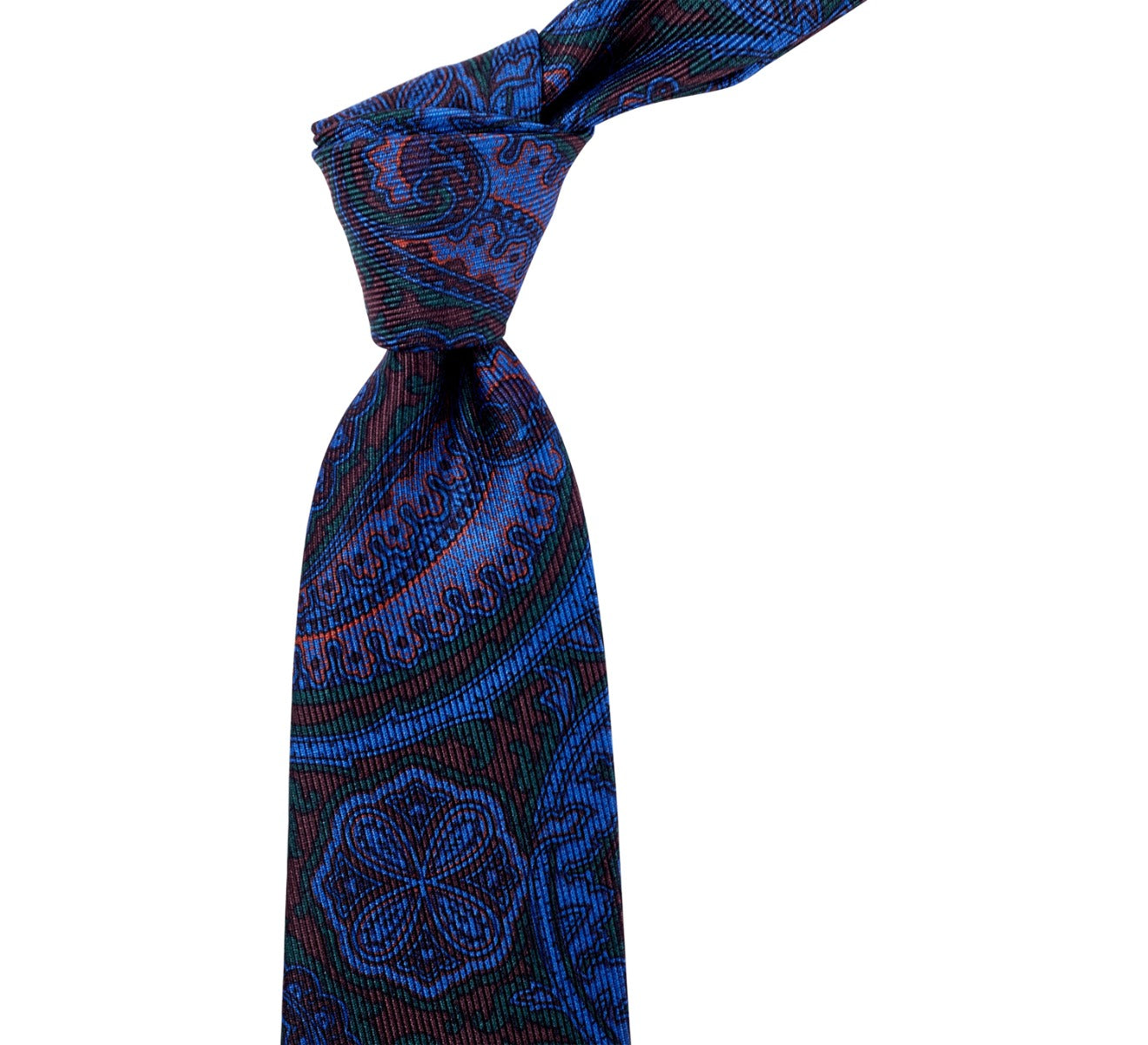 A high-quality Sovereign Grade Navy and Brown Paisley Ancient Madder Silk Tie by KirbyAllison.com on a white background.