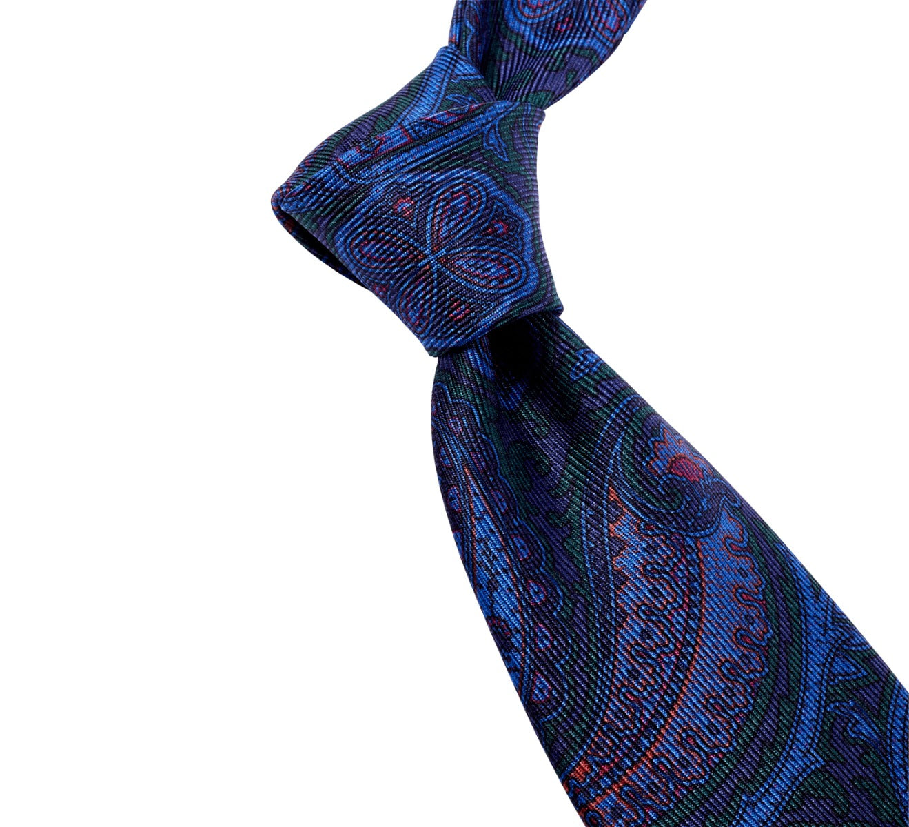 A Sovereign Grade Navy and Forest Paisley Ancient Madder Silk Tie on a white background from KirbyAllison.com.