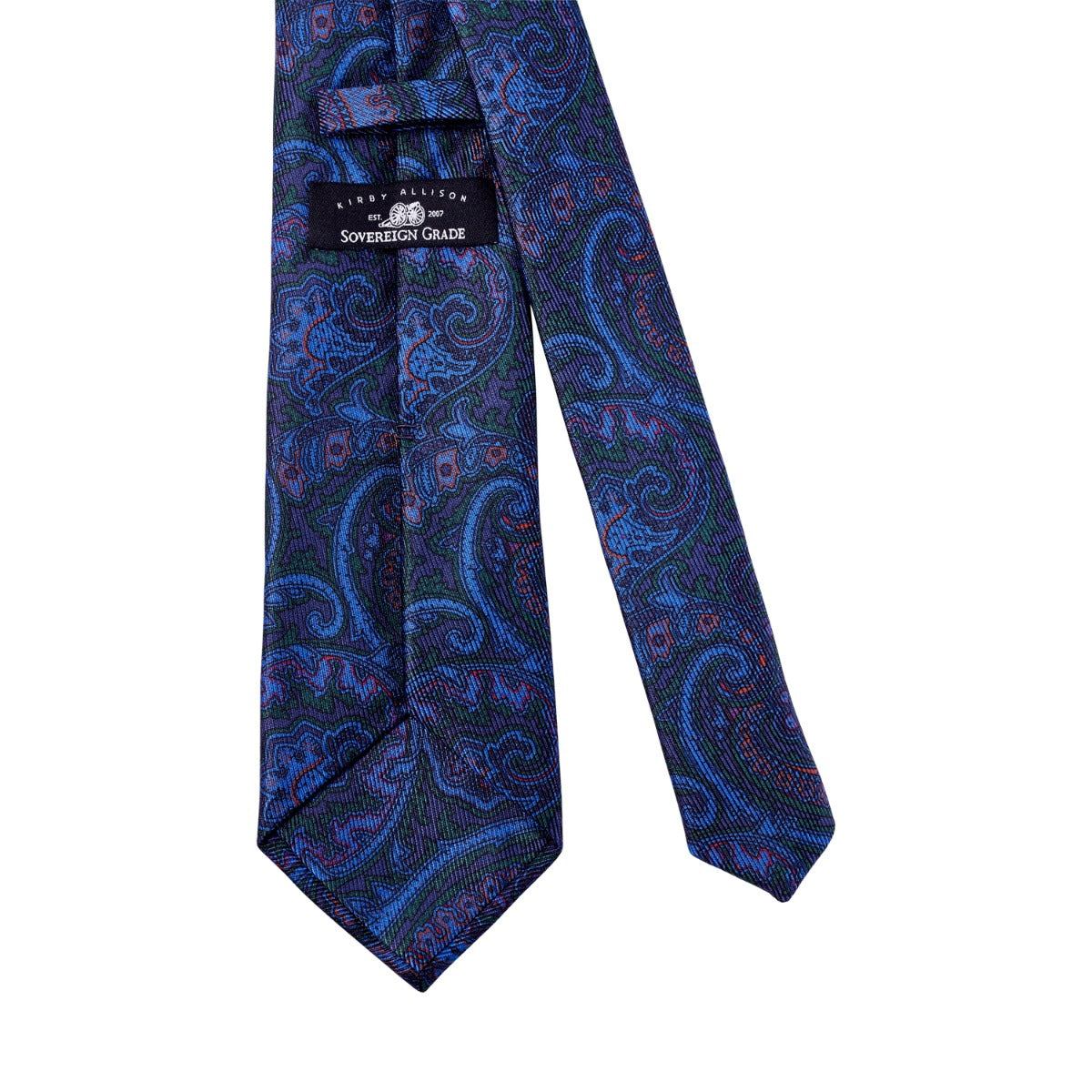 A Sovereign Grade Navy and Forest Paisley Ancient Madder Silk Tie by KirbyAllison.com on a white background.