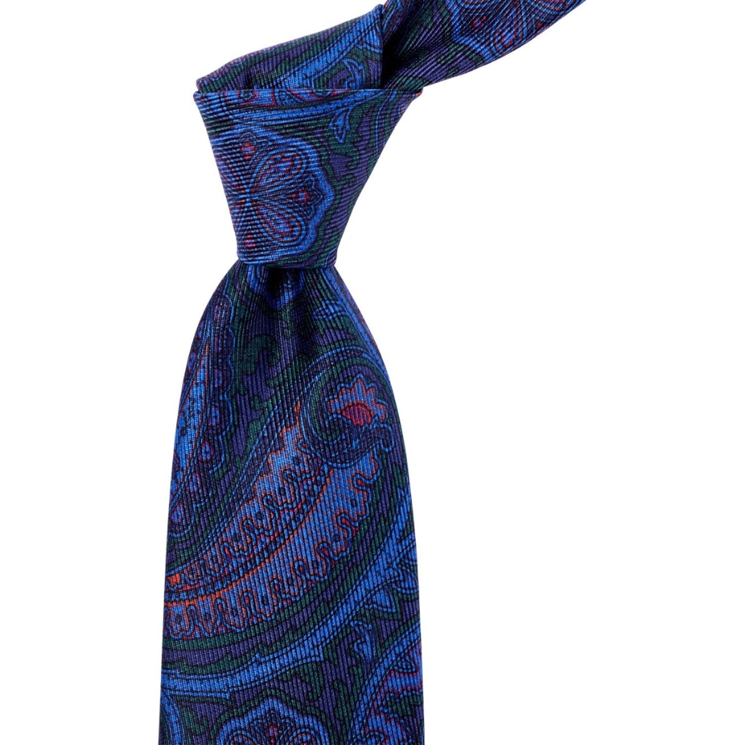 A KirbyAllison.com Sovereign Grade Navy and Forest Paisley Ancient Madder Silk Tie on a white background.