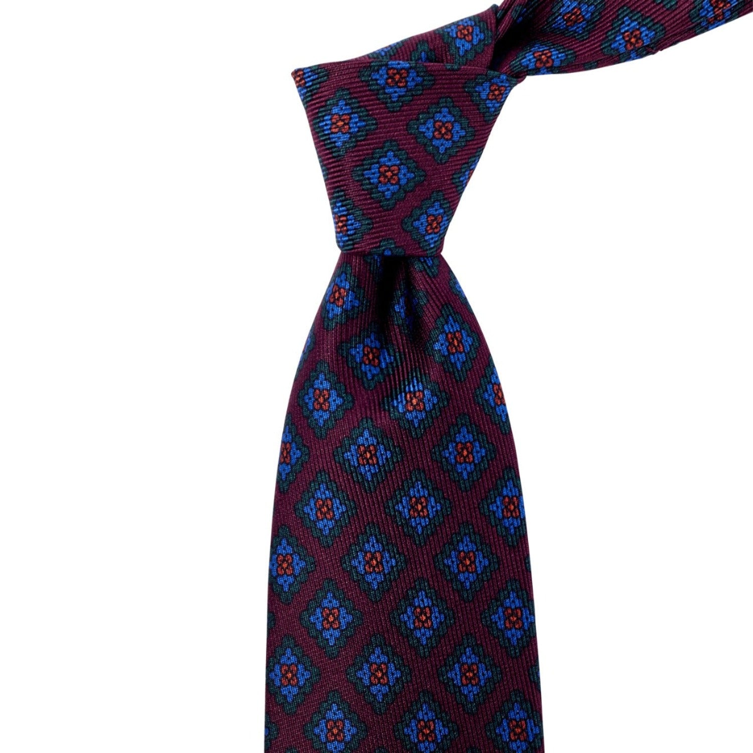 A high-quality Sovereign Grade Burgundy Diamond Ancient Madder Silk Tie from KirbyAllison.com, handmade with great craftsmanship and features a geometric pattern.