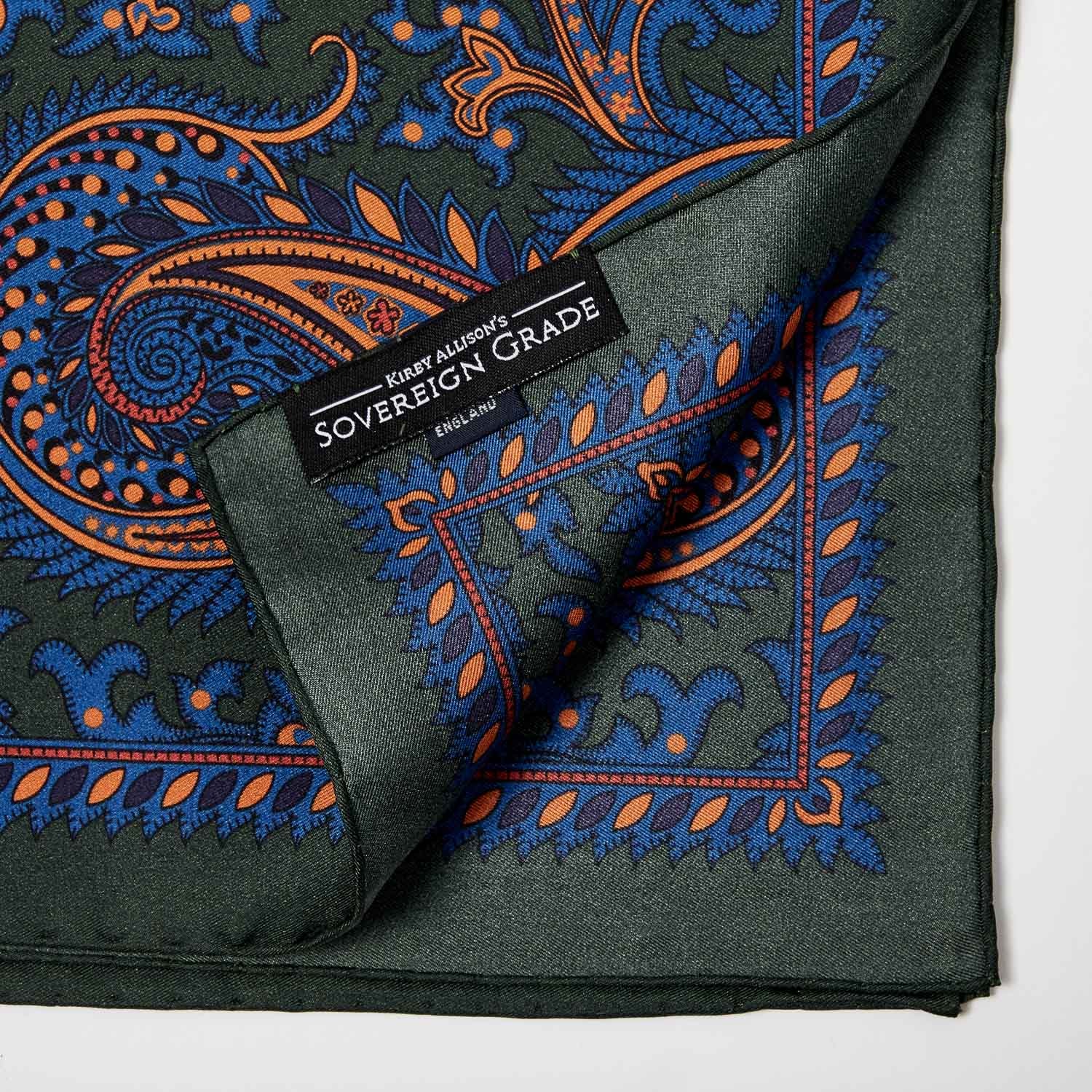 A formal Sovereign Grade 100% Silk Forest Pocket Square by KirbyAllison.com in orange and green.