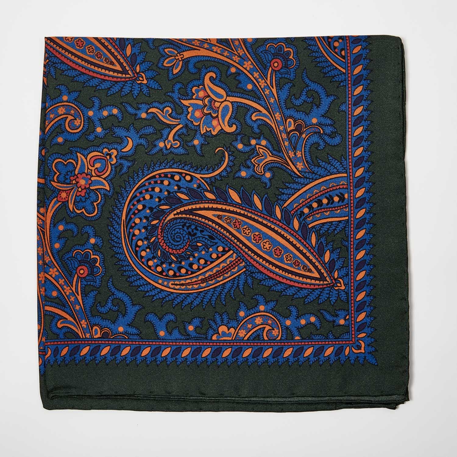 A Sovereign Grade 100% Silk Forest Pocket Square by KirbyAllison.com, with a green and orange paisley pattern, suitable for formal outfits.