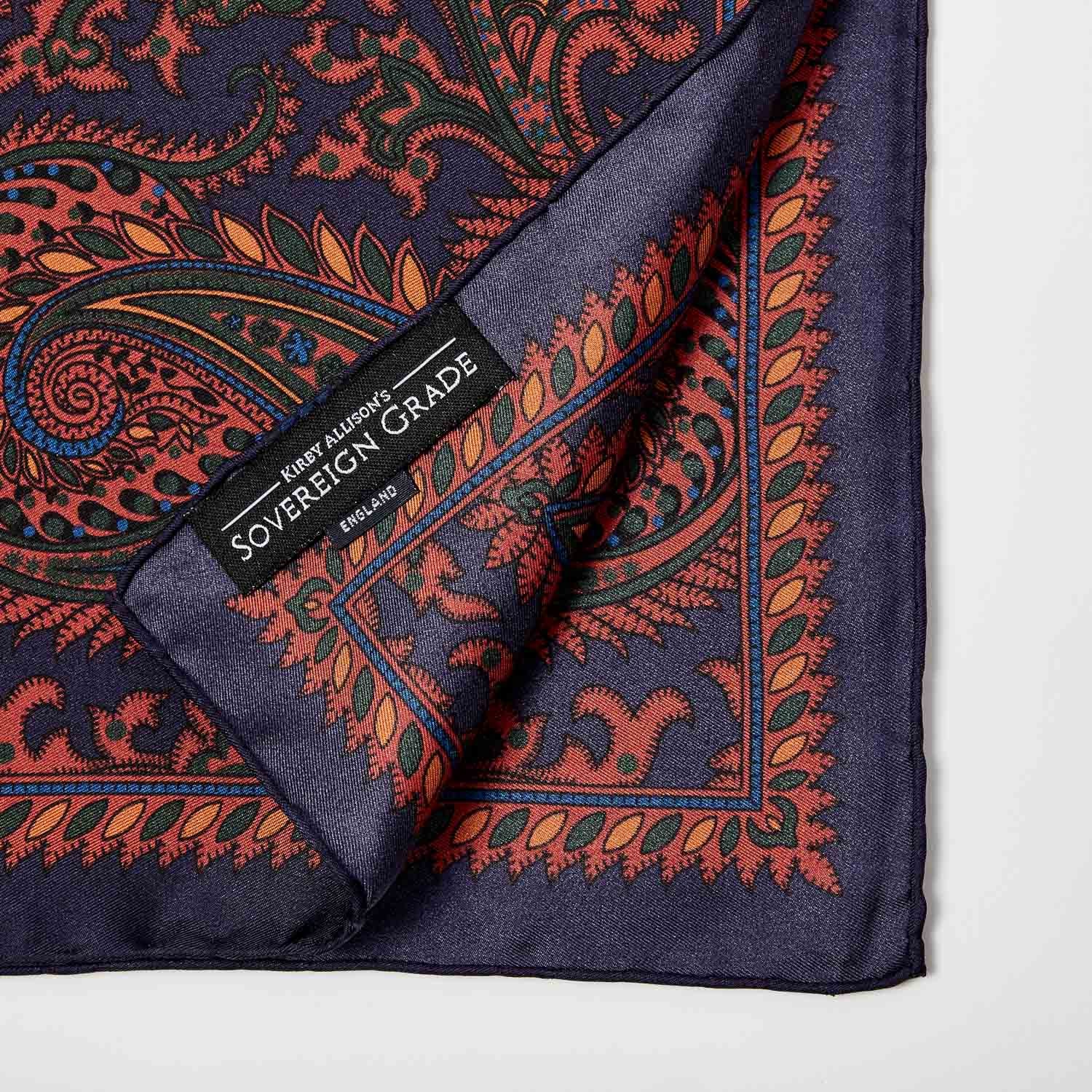 A formal Sovereign Grade 100% Silk Navy Pocket Square from KirbyAllison.com that complements any outfit.