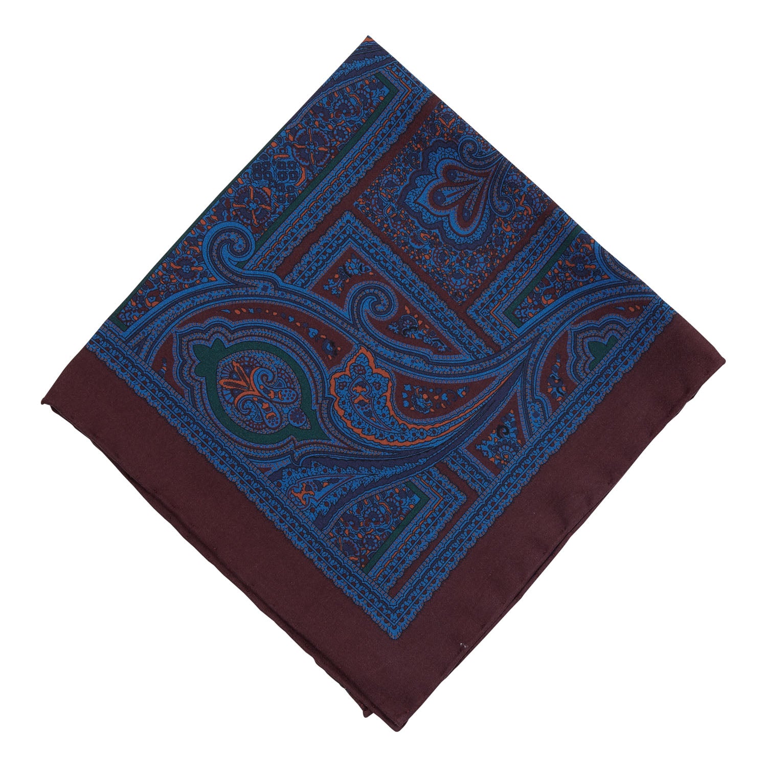 A Sovereign Grade Ancient Madder Wine pocket square in blue and brown with a paisley pattern from KirbyAllison.com.