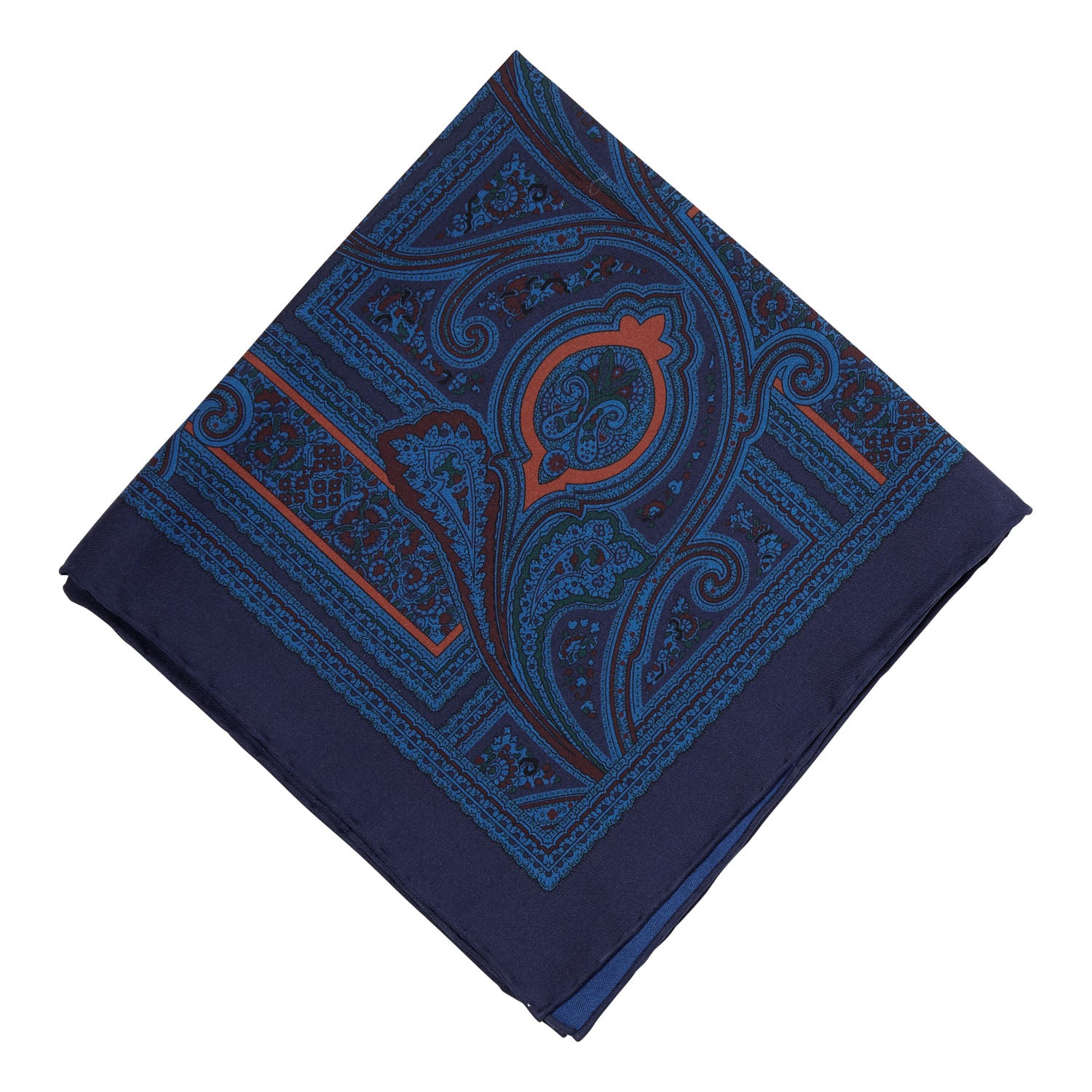 A Sovereign Grade Ancient Madder Midnight Pocket Square, by KirbyAllison.com, with hand-rolled edges in a blue and orange paisley pattern.