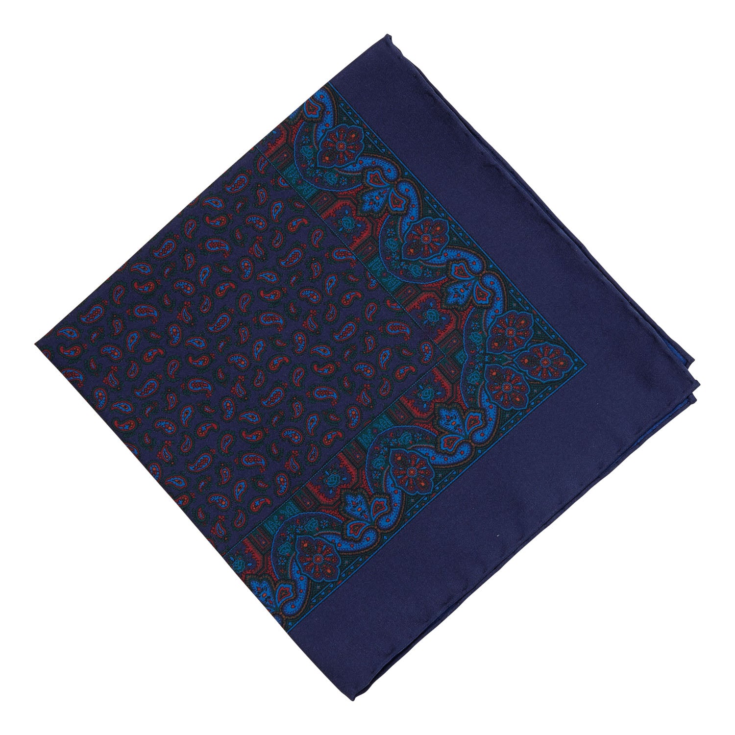 A Sovereign Grade Ancient Madder Midnight Paisley pocket square from KirbyAllison.com, with hand-rolled edges on a white background.