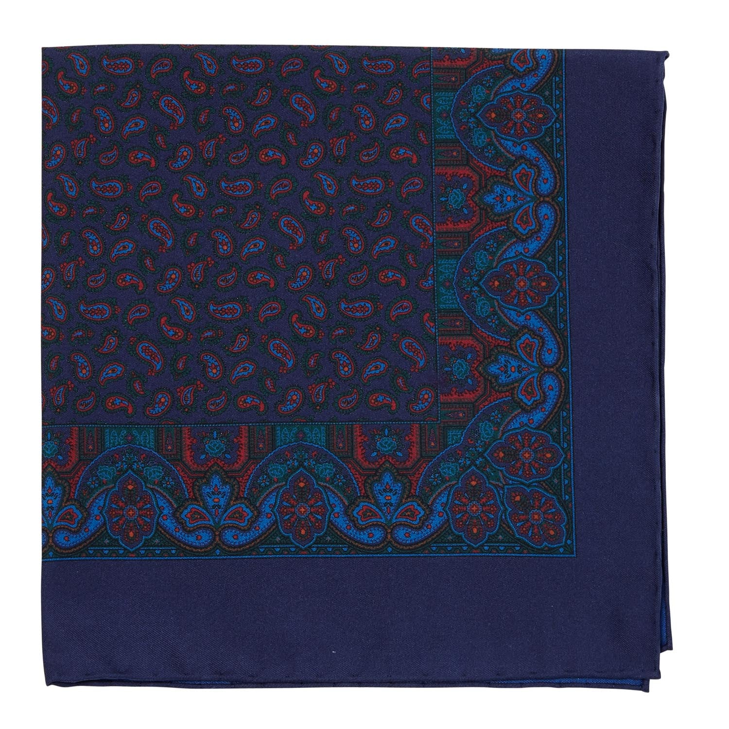A Sovereign Grade Ancient Madder Midnight Paisley pocket square with hand-rolled edges from KirbyAllison.com.
