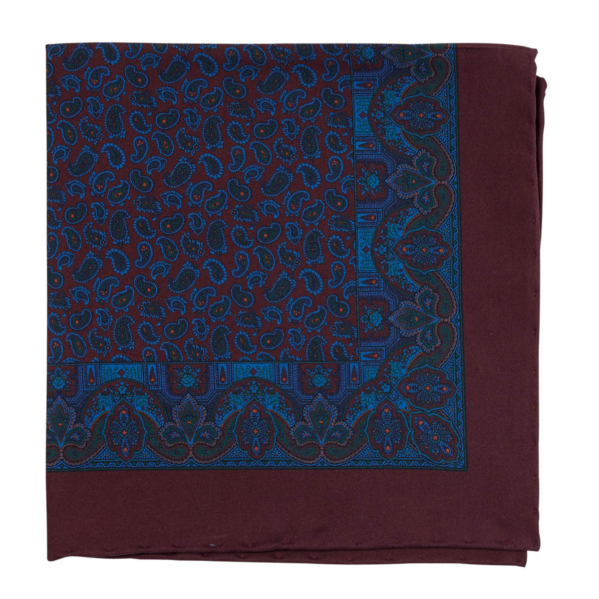 A Sovereign Grade Ancient Madder Burgundy Pocket Square with a burgundy and blue paisley pattern, from KirbyAllison.com.