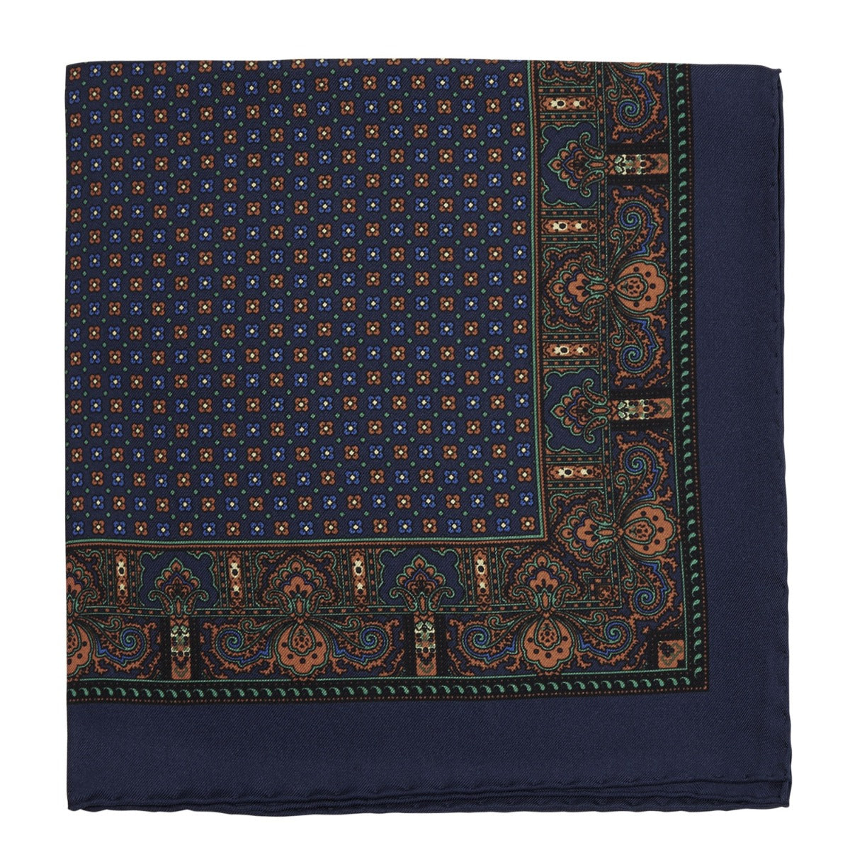 A Sovereign Grade 100% Silk Navy Repeating Floral Pocket Square from KirbyAllison.com with a paisley pattern and hand-rolled edges.