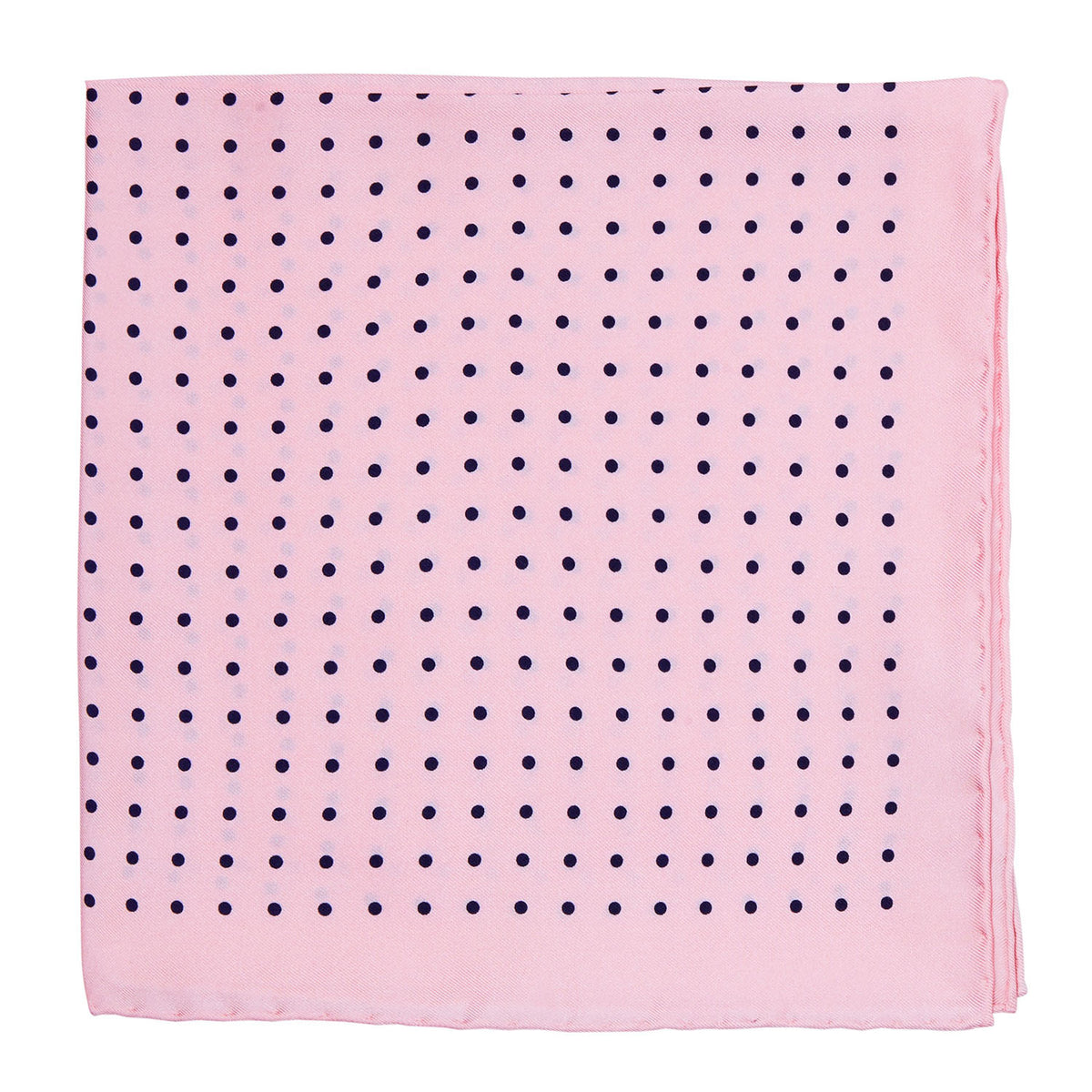 A hand-rolled Sovereign Grade 100% Silk Pink London Dot Pocket Square with pink polka dots and black dots by KirbyAllison.com.