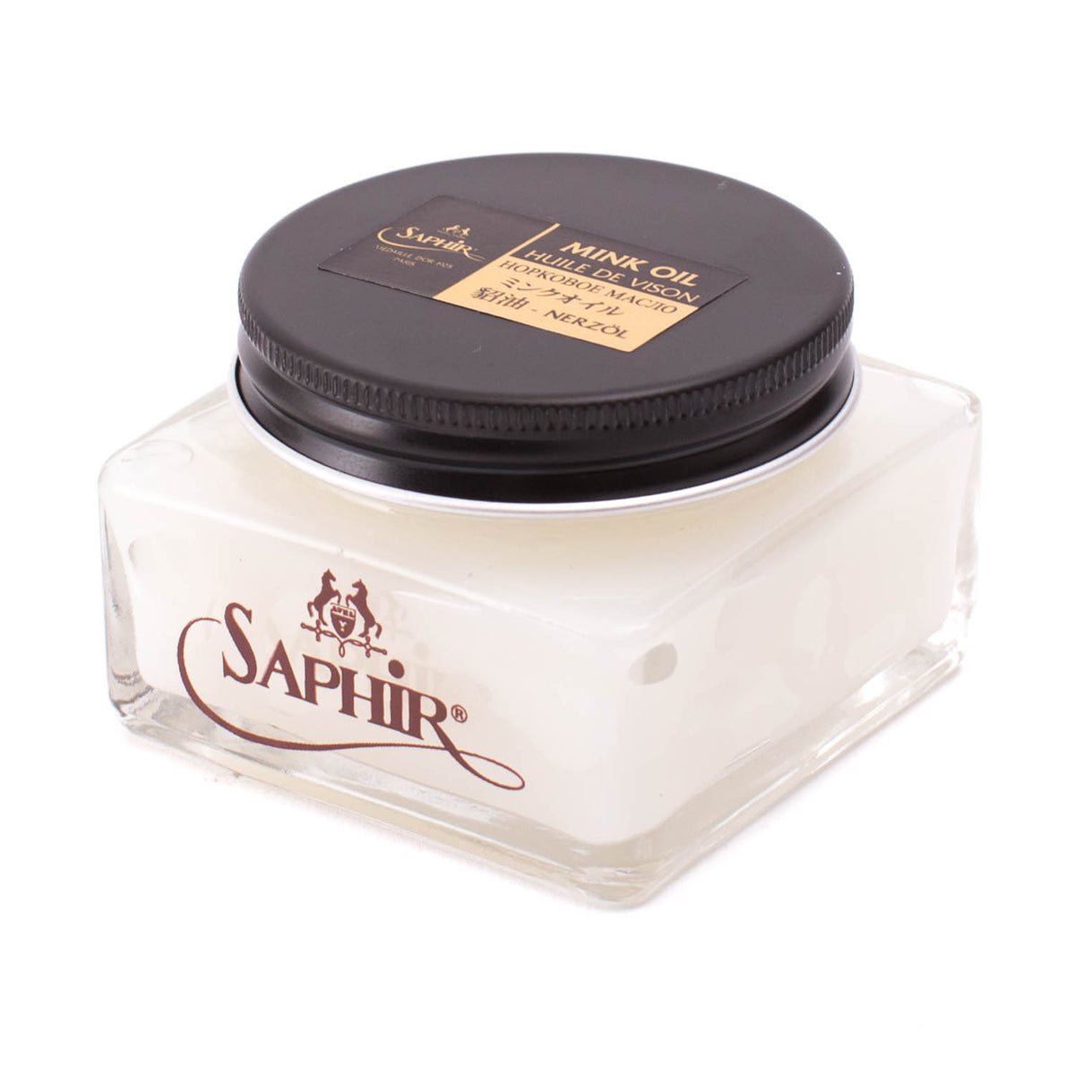 A jar of KirbyAllison.com Saphir Medaille d'Or Mink Oil, providing deep nourishment to smooth leather surfaces, on a white background.