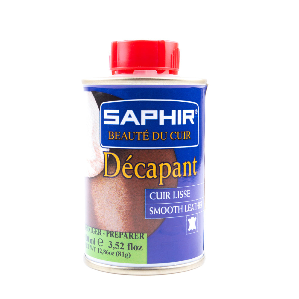 A can of KirbyAllison.com Saphir Decapant Leather Stripper, used in the dyeing process of smooth leather, on a white background.
