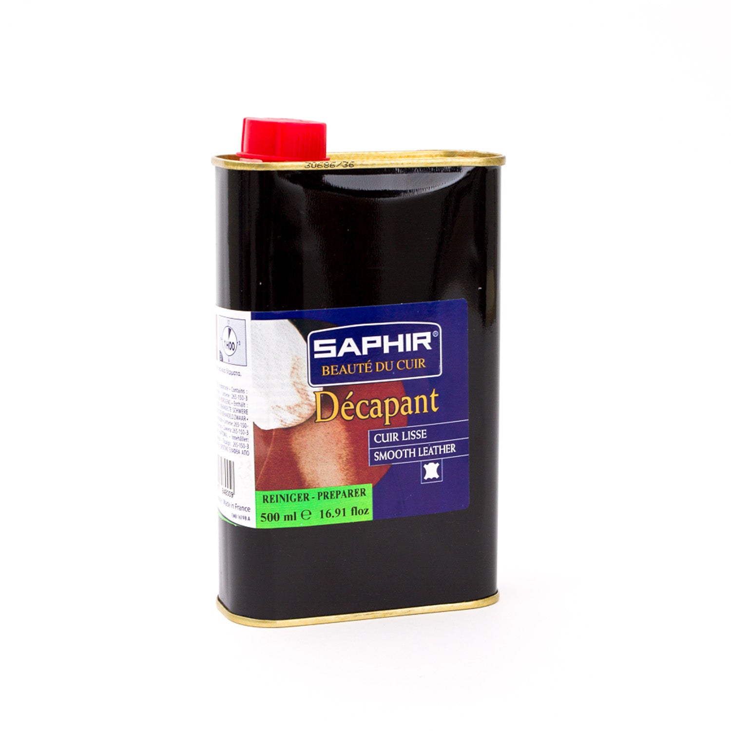 A bottle of Saphir Decapant Leather Stripper from KirbyAllison.com, used in the dyeing process for smooth leather, showcased on a white background.