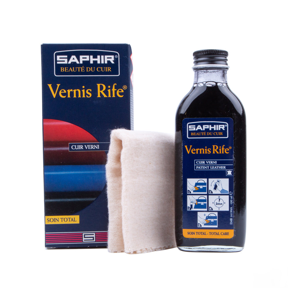 A bottle of Saphir Vernis Rife Patent Leather Cleaner from KirbyAllison.com with a cloth for patent leathers.