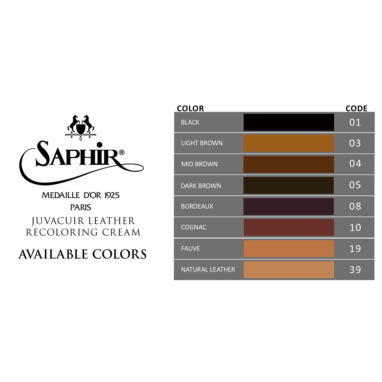KirbyAllison.com Saphir Juvacuir Recoloring Cream for Leather Goods color chart for smooth leather.