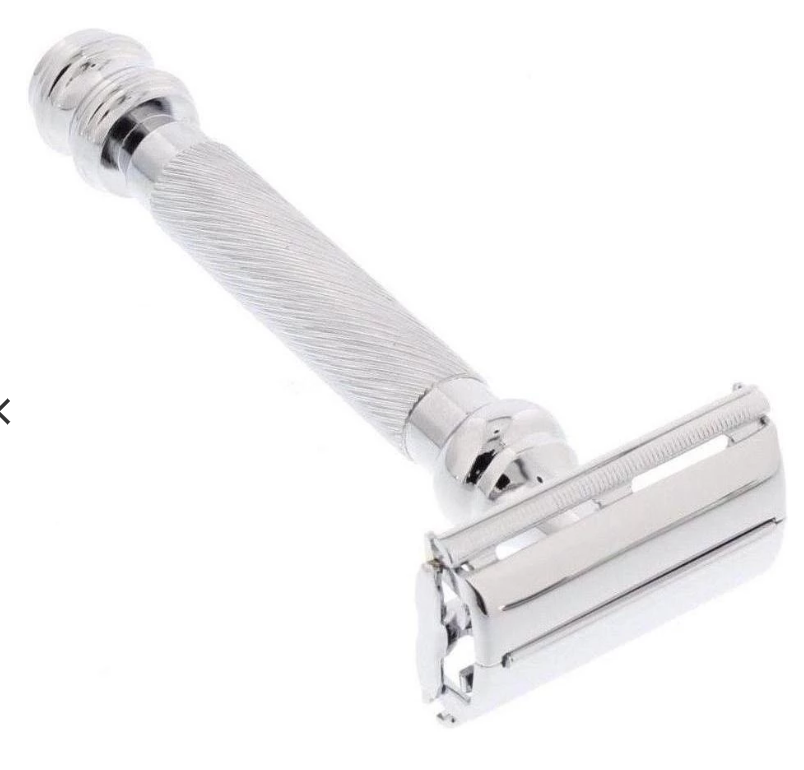 A Parker 99R Double Edge Safety Razor (KirbyAllison.com) with a twist-to-open feature on a white background.