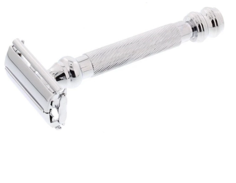 A stainless steel KirbyAllison.com Parker 99R Double Edge Safety Razor with a twist-to-open butterfly style head on a white background.