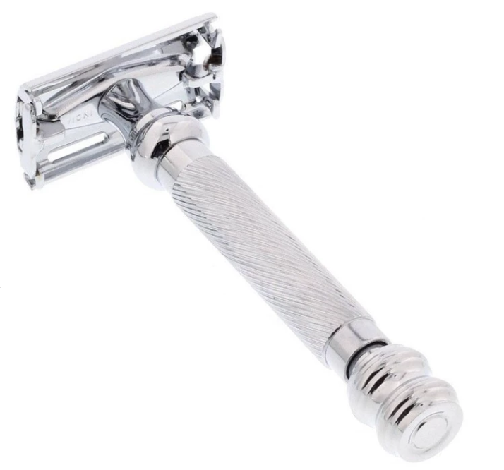 A twist-to-open Parker 99R Double Edge Safety Razor with a butterfly style head on a white background from KirbyAllison.com.