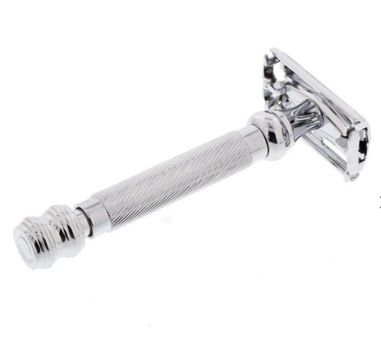 A KirbyAllison.com Parker 99R Double Edge Safety Razor with a twist-to-open butterfly style head on a white background.