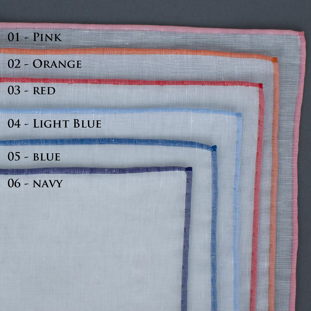 A set of KirbyAllison.com Simonnot Godard Benjamin Linen Pocket Squares in various colors, imported from France.
