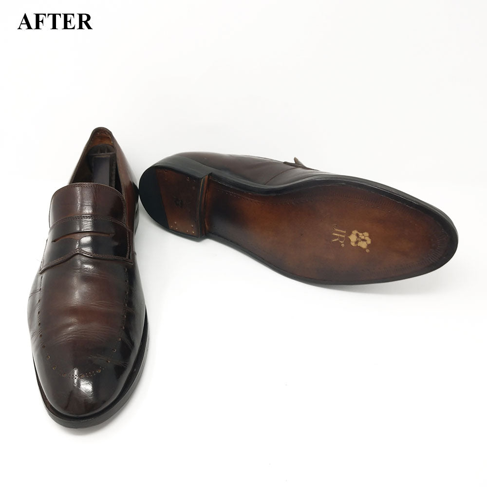 A pair of Kirby Allison Sovereign Grade Restoration and Refurbishment shoes with a leather sole featuring highest-quality workmanship and JR Rendenbach oak-bark tanned outsoles, perfect for shoe restoration.