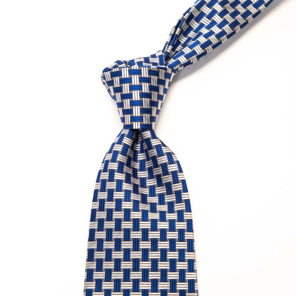 A KirbyAllison.com Sovereign Grade Blue Basket Weave Silk Tie on a white background.