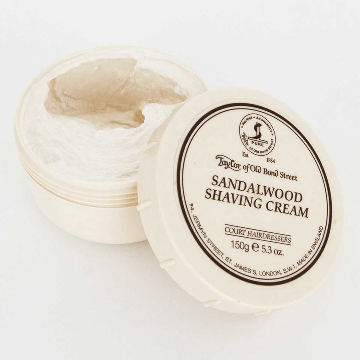 A container of Sandalwood Shaving Cream Bowl by Taylor of Old Bond Street on a white surface.