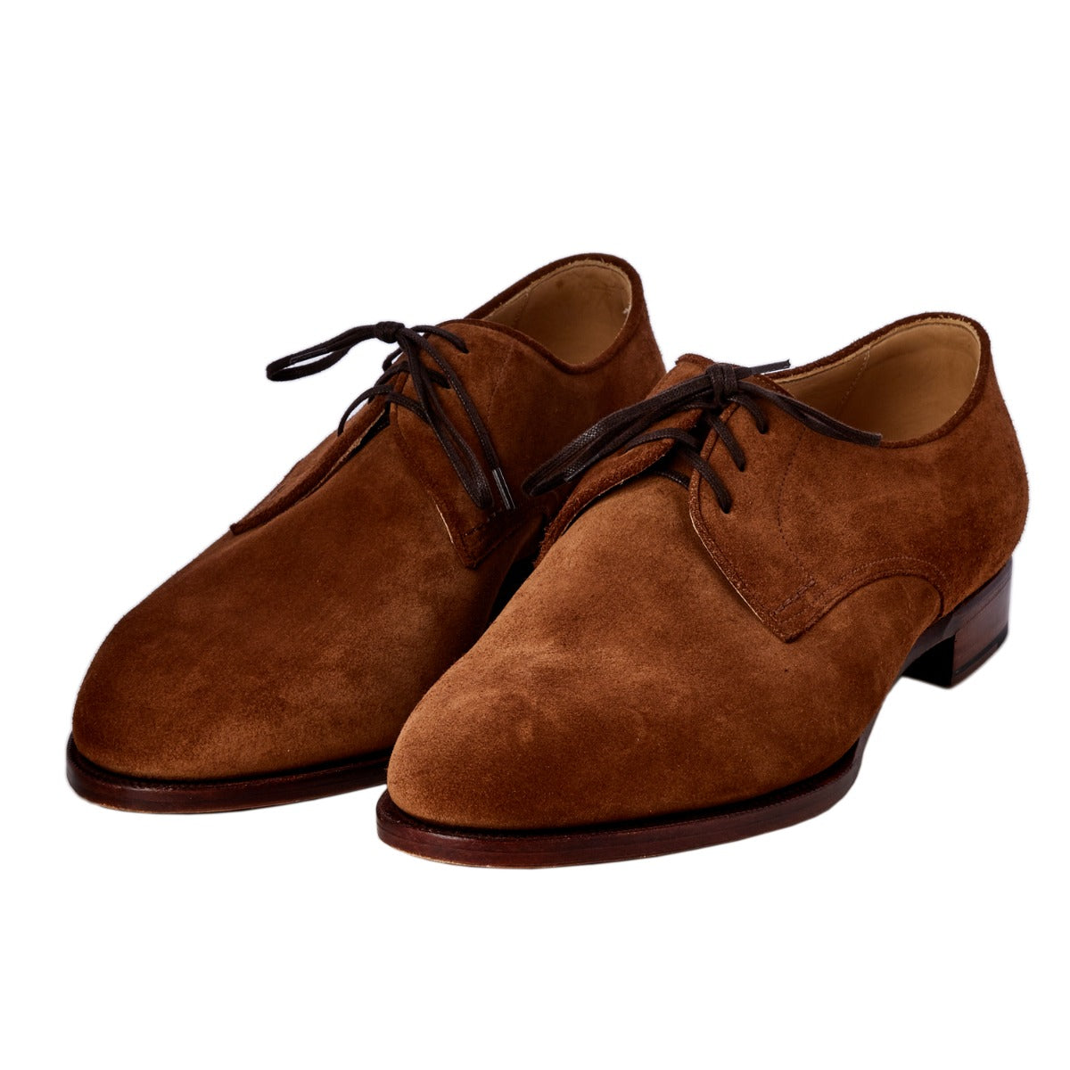 A pair of TLB Medium Brown Derby 8.5UK shoes by KirbyAllison.com on a white background.