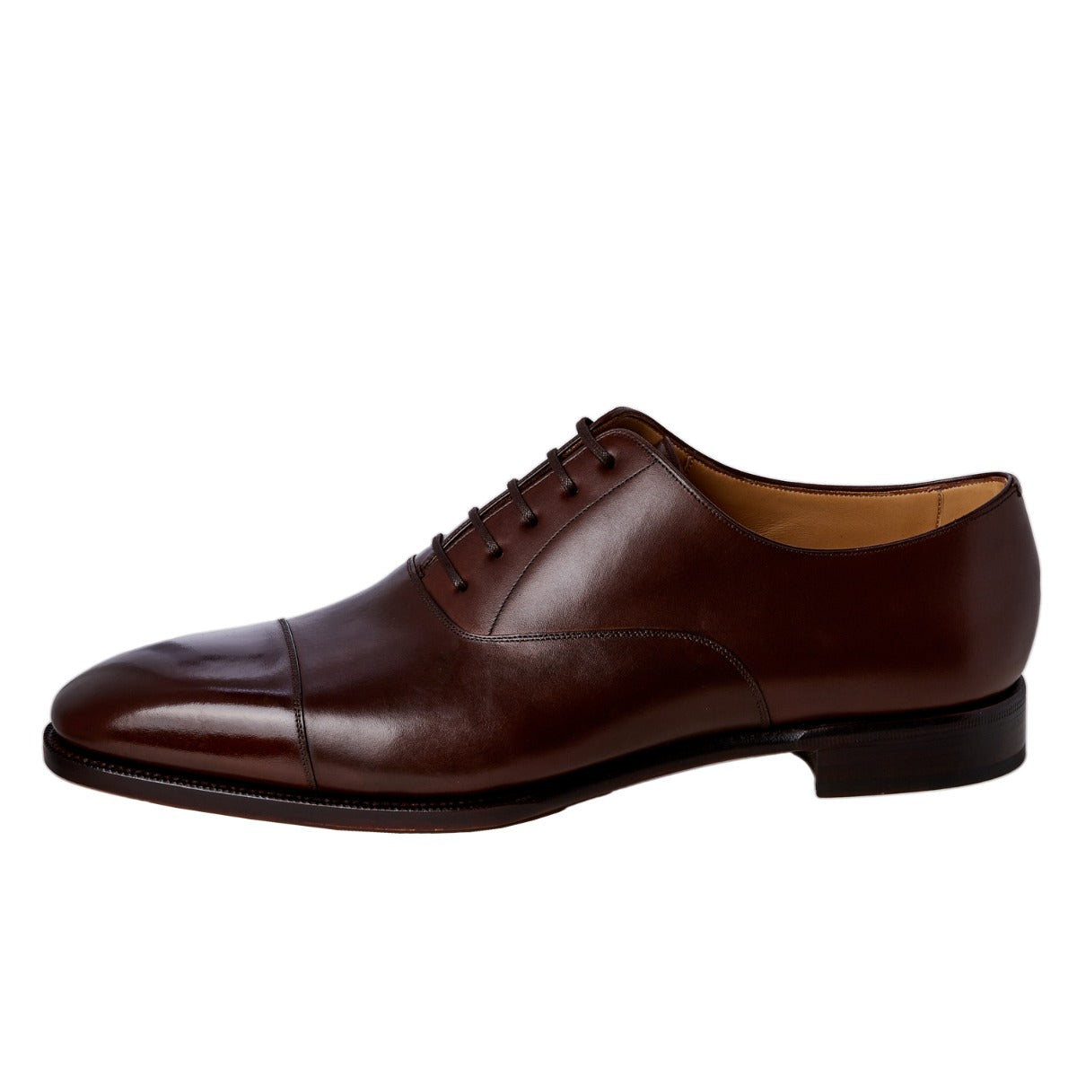 A men's TLB Dark Brown Captoe Oxford 10UK shoe on a white background, made-to-order by KirbyAllison.com.