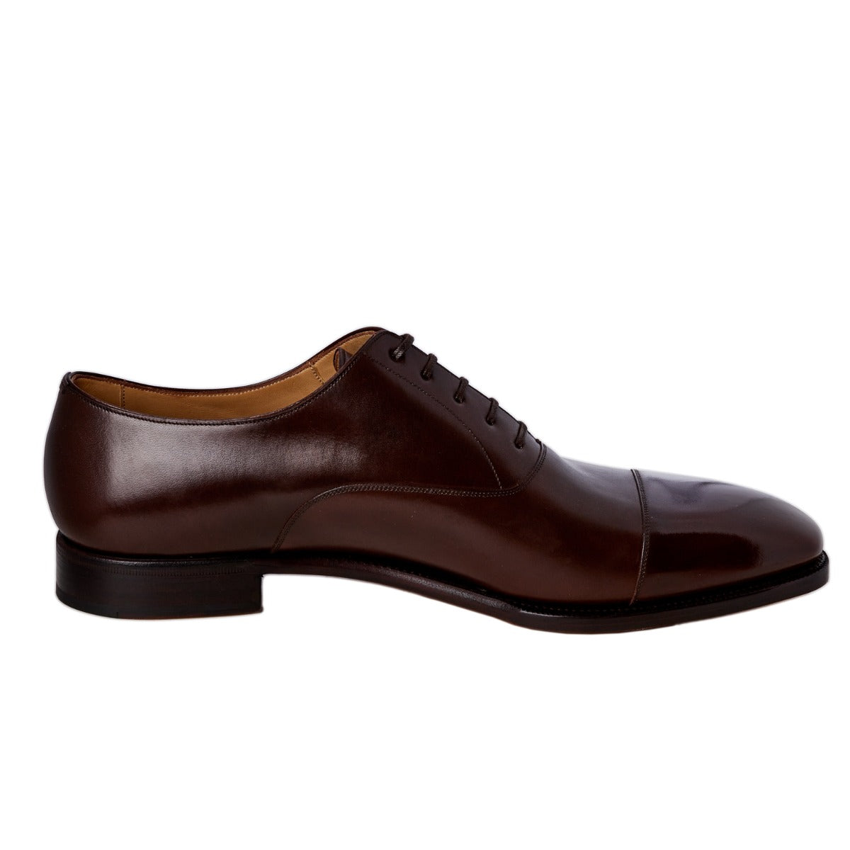 A men's TLB Dark Brown Captoe Oxford 10UK shoe on a white background, featuring the KirbyAllison.com brand.
