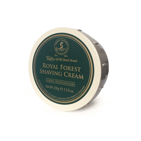 A 5.3oz tin of Royal Forest Shaving Cream by Taylor of Old Bond Street from KirbyAllison.com.