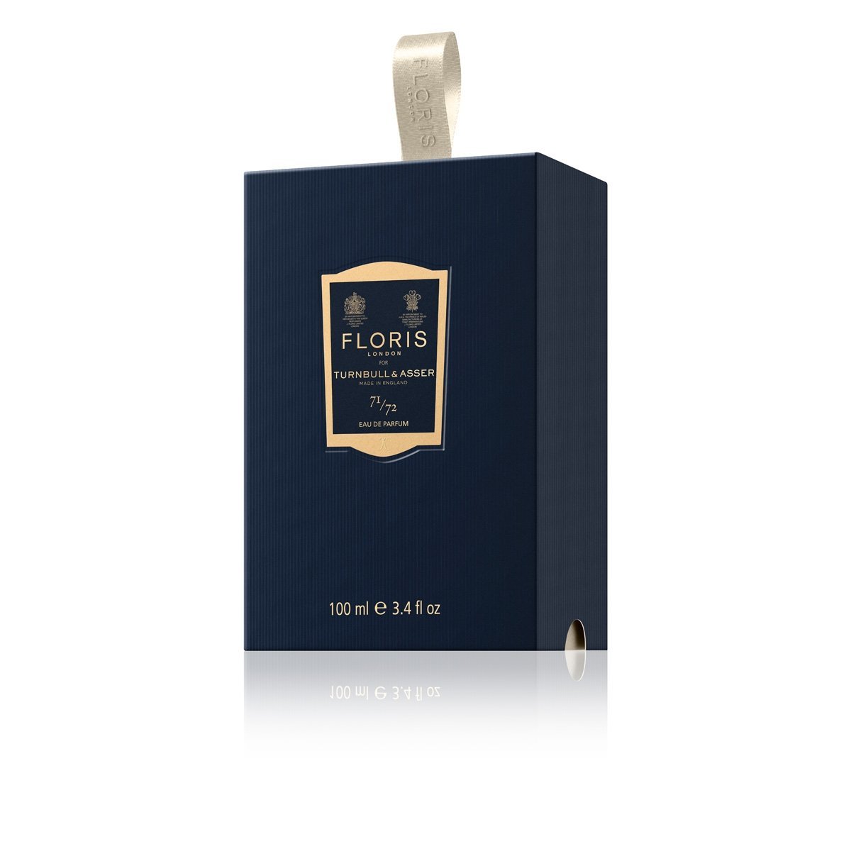 A blue box with a gold label containing FLORIS Turnbull & Asser 71/72 EDP 100 ML fragrance from KirbyAllison.com.