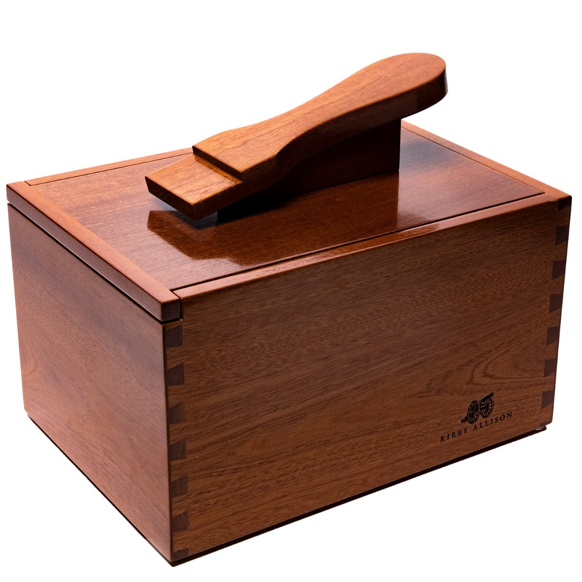 A handcrafted Deluxe Walnut Shoeshine Valet with a wooden handle, from KirbyAllison.com.