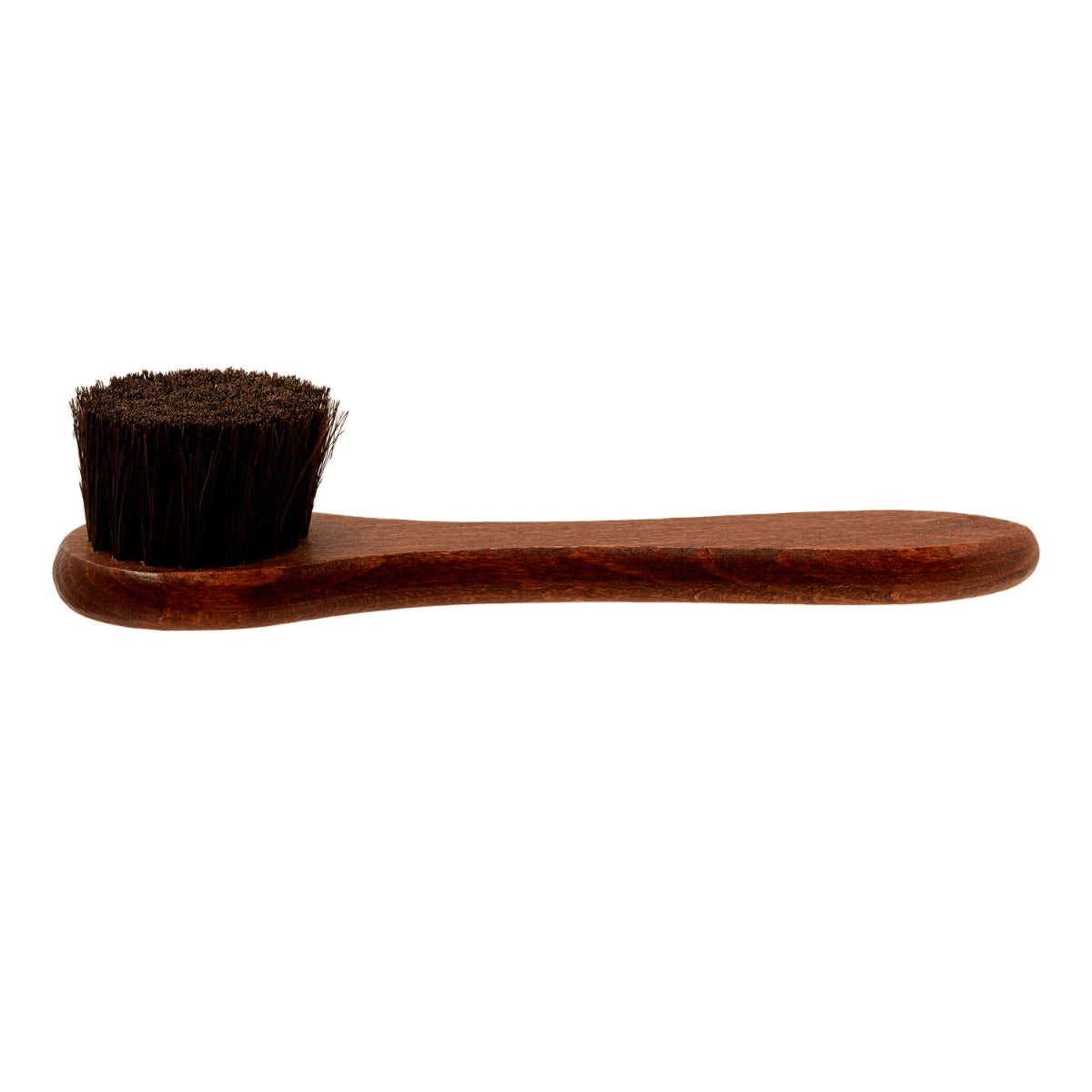 A wooden brush with black bristles and KirbyAllison.com's Wellington Deluxe Shoe Polish Dauber on a white background.