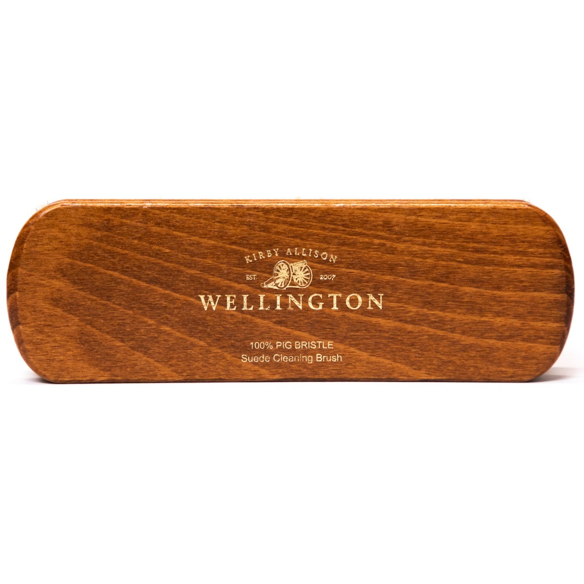 A wooden box with the word wellington on it, containing a Wellington Deluxe Pig Bristle Suede Cleaning Brush from KirbyAllison.com.