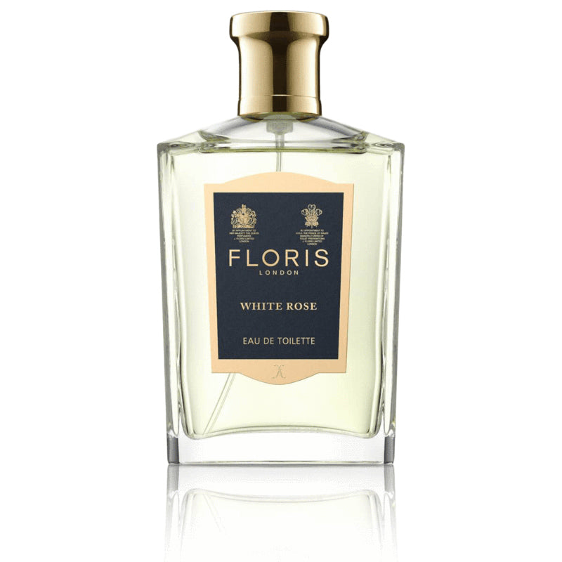 A floral fragrance of FLORIS White Rose in a bottle of Eau de Toilette from KirbyAllison.com.